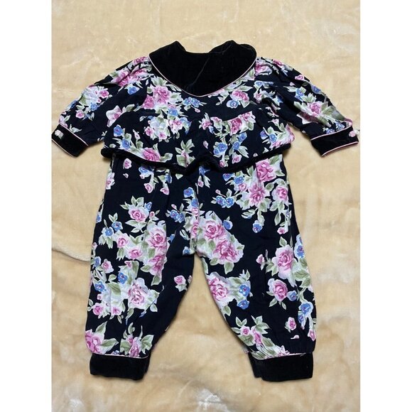 Floral Canvas Velvet Romper Buttoned Closure Bottom Jogger Vintage 6-9 Months - Picture 6 of 10